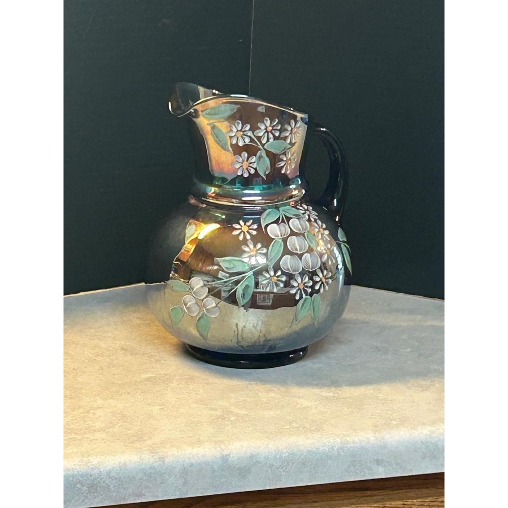 Northwood Cobalt Blue Iridescent Carnival Glass Enameled Cherries Pitcher 10"